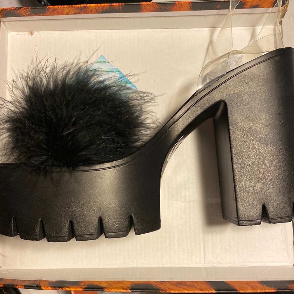 Black fuzzy platform sandal heels